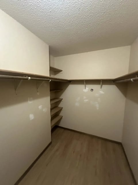 Empty walk-in closet with metal clothing rods, wooden shelves, and light switch on white walls