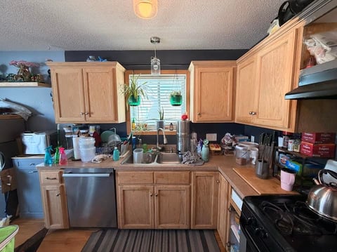 Kitchen with natural wood cabinets, stainless steel appliances, and cluttered countertops with various items and plants on the window sill